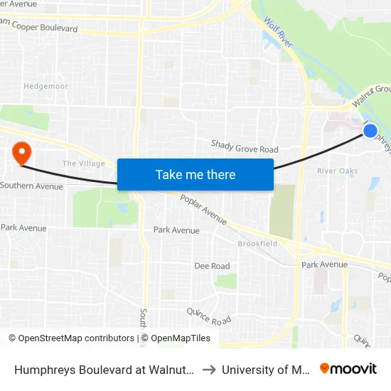 Humphreys Boulevard at Walnut Grove Road to University of Memphis map