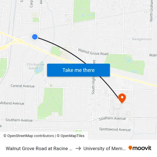 Walnut Grove Road at Racine Street to University of Memphis map