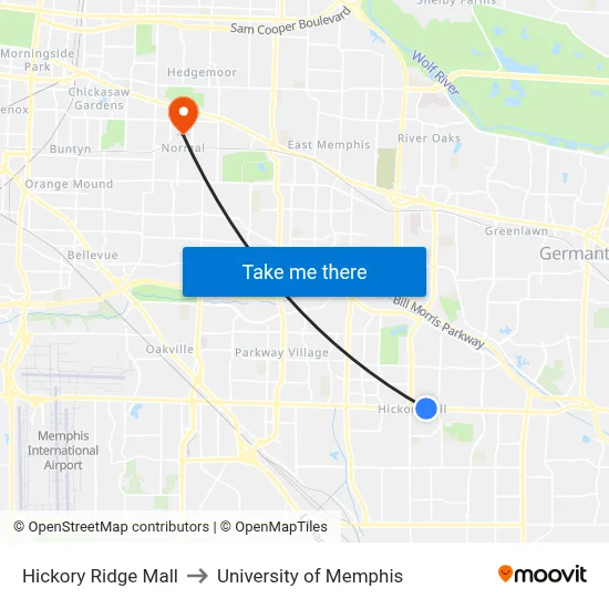 Hickory Ridge Mall to University of Memphis map