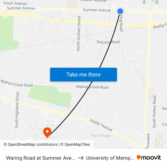 Waring Road at Summer Avenue to University of Memphis map