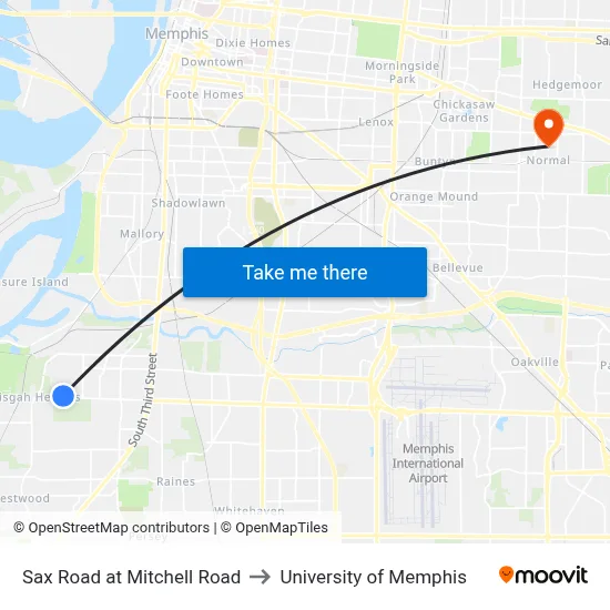 Sax Road at Mitchell Road to University of Memphis map
