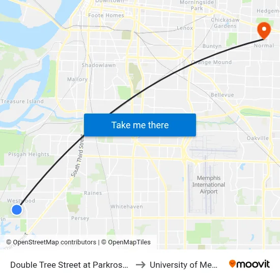 Double Tree Street at Parkrose Road to University of Memphis map