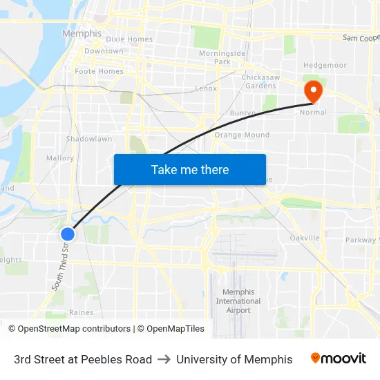 3rd Street at Peebles Road to University of Memphis map