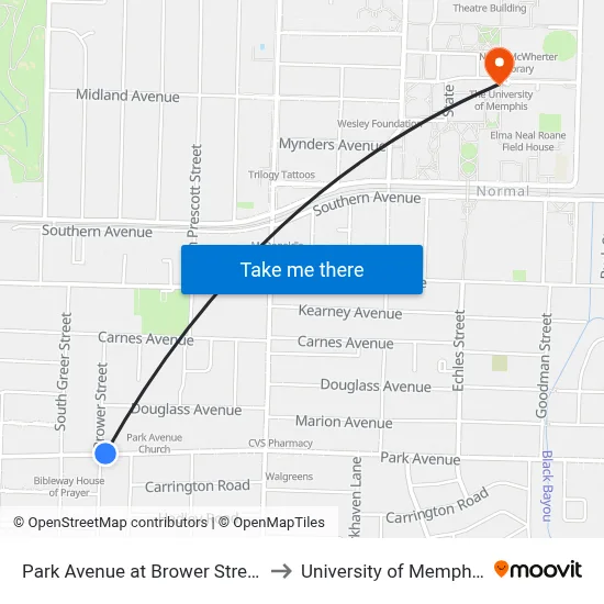 Park Avenue at Brower Street to University of Memphis map