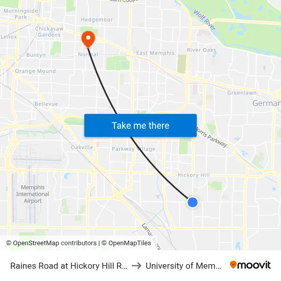 Raines Road at Hickory Hill Road to University of Memphis map