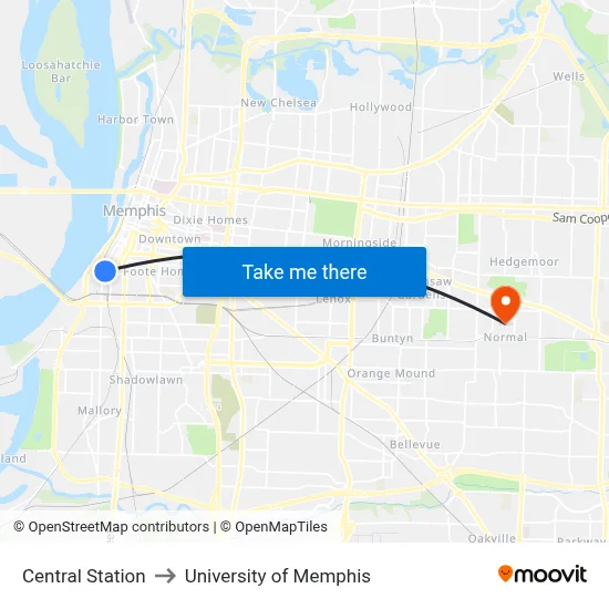 Central Station to University of Memphis map