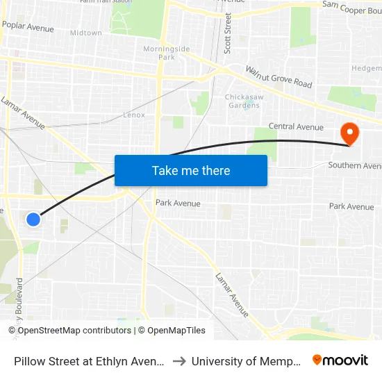 Pillow Street at Ethlyn Avenue to University of Memphis map