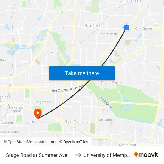 Stage Road at Summer Avenue to University of Memphis map