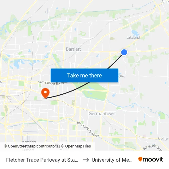 Fletcher Trace Parkway at Stage Road to University of Memphis map
