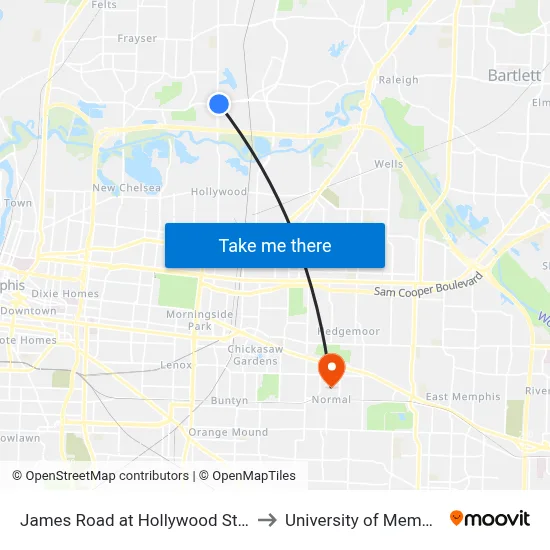 James Road at Hollywood Street to University of Memphis map