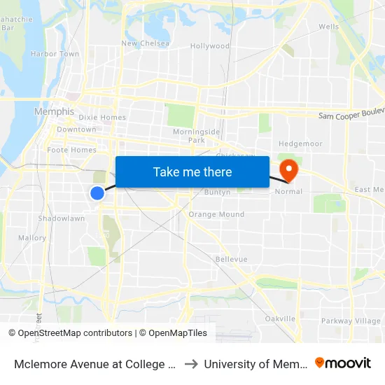 Mclemore Avenue at College Street to University of Memphis map