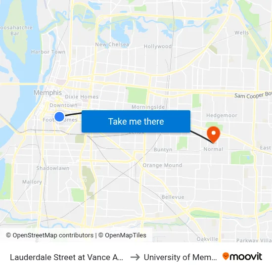 Lauderdale Street at Vance Avenue to University of Memphis map
