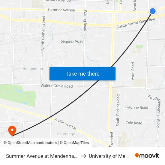 Summer Avenue at Mendenhall Road to University of Memphis map