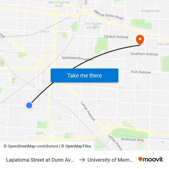 Lapaloma Street at Dunn Avenue to University of Memphis map