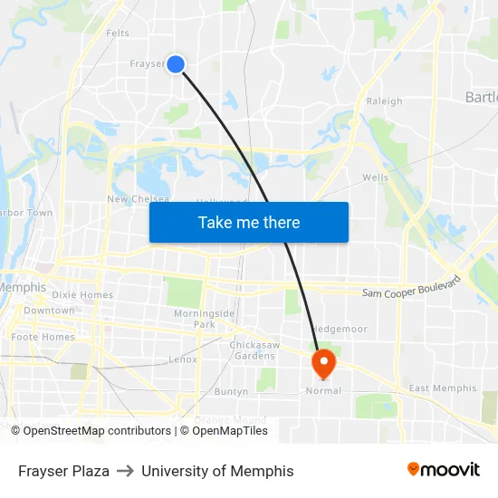 Frayser Plaza to University of Memphis map