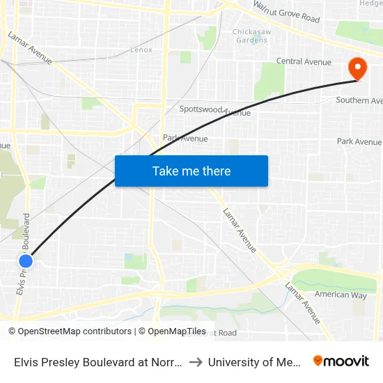 Elvis Presley Boulevard at Norris Road to University of Memphis map