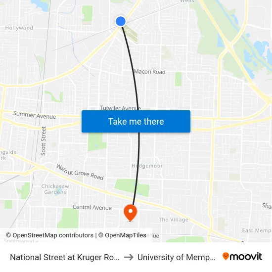 National Street at Kruger Road to University of Memphis map