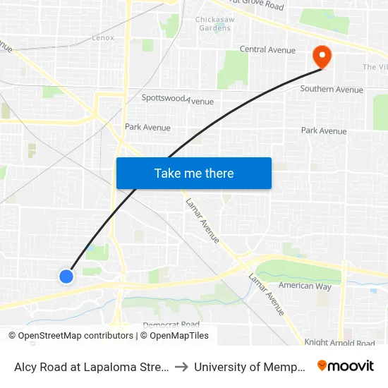 Alcy Road at Lapaloma Street to University of Memphis map