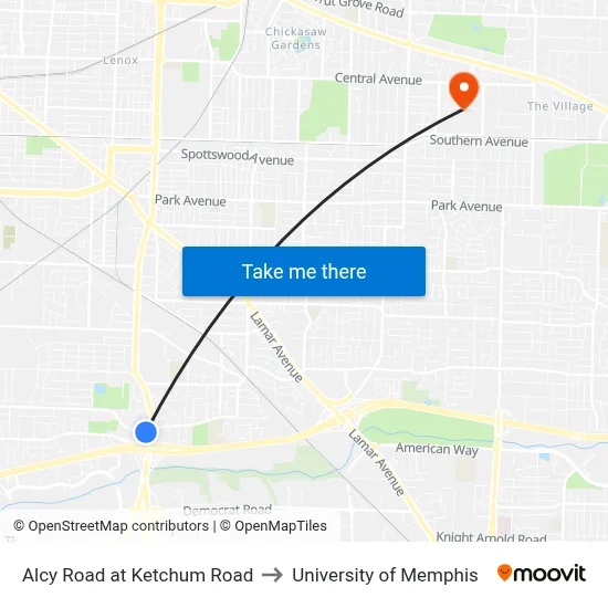 Alcy Road at Ketchum Road to University of Memphis map