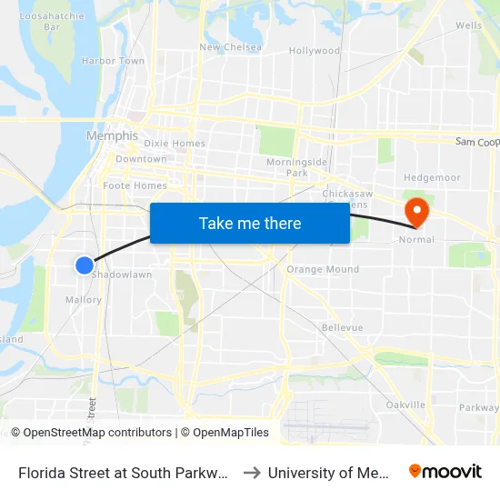 Florida Street at South Parkway East to University of Memphis map