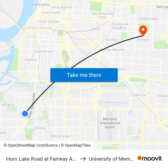 Horn Lake Road at Fairway Avenue to University of Memphis map