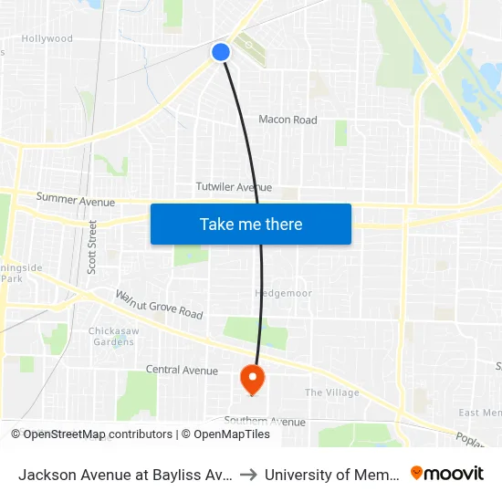 Jackson Avenue at Bayliss Avenue to University of Memphis map