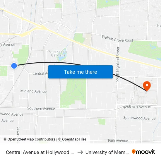 Central Avenue at Hollywood Street to University of Memphis map