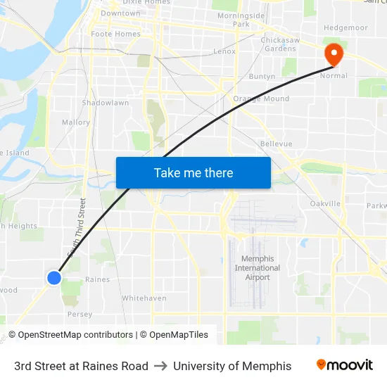 3rd Street at Raines Road to University of Memphis map