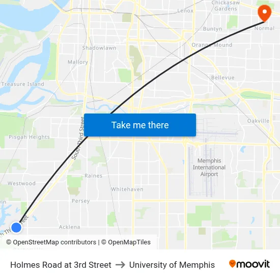 Holmes Road at 3rd Street to University of Memphis map