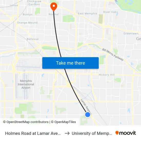 Holmes Road at Lamar Avenue to University of Memphis map