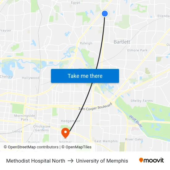 Methodist Hospital North to University of Memphis map