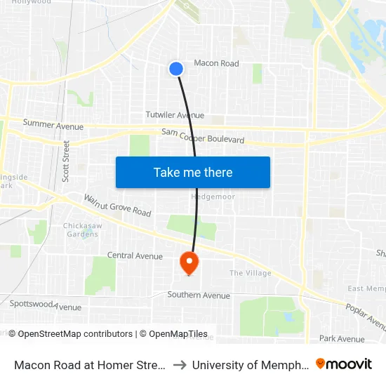 Macon Road at Homer Street to University of Memphis map