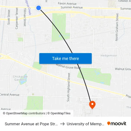 Summer Avenue at Pope Street to University of Memphis map