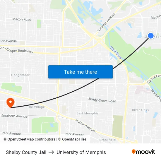 Shelby County Jail to University of Memphis map