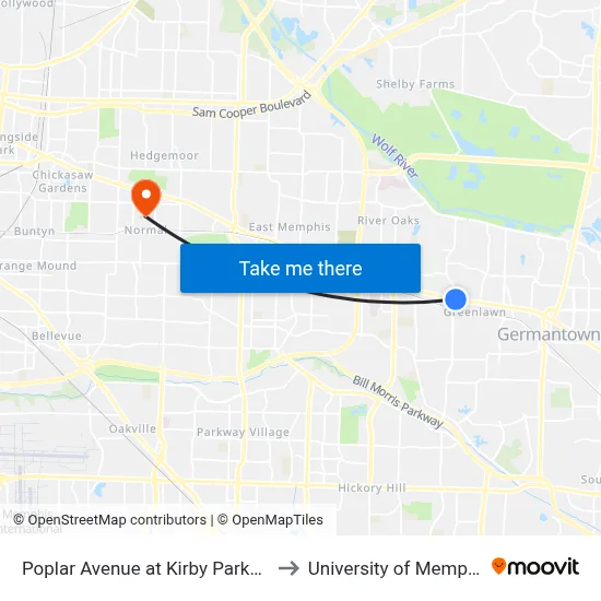 Poplar Avenue at Kirby Parkway to University of Memphis map