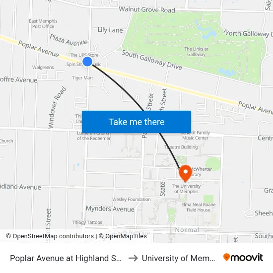 Poplar Avenue at Highland Street to University of Memphis map