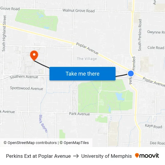 Perkins Ext at Poplar Avenue to University of Memphis map