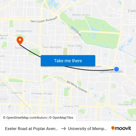 Exeter Road at Poplar Avenue to University of Memphis map