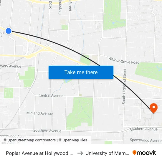 Poplar Avenue at Hollywood Street to University of Memphis map