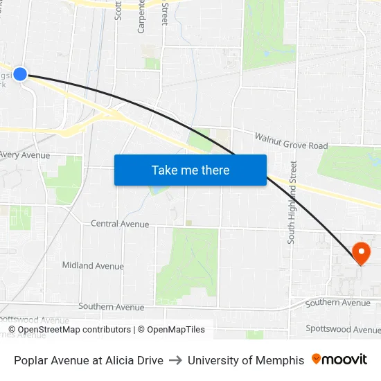 Poplar Avenue at Alicia Drive to University of Memphis map