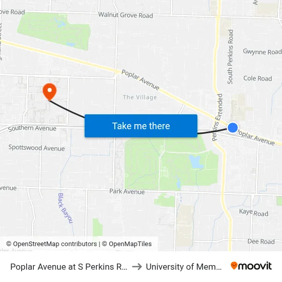 Poplar Avenue at S Perkins Road to University of Memphis map