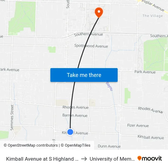 Kimball Avenue at S Highland Street to University of Memphis map