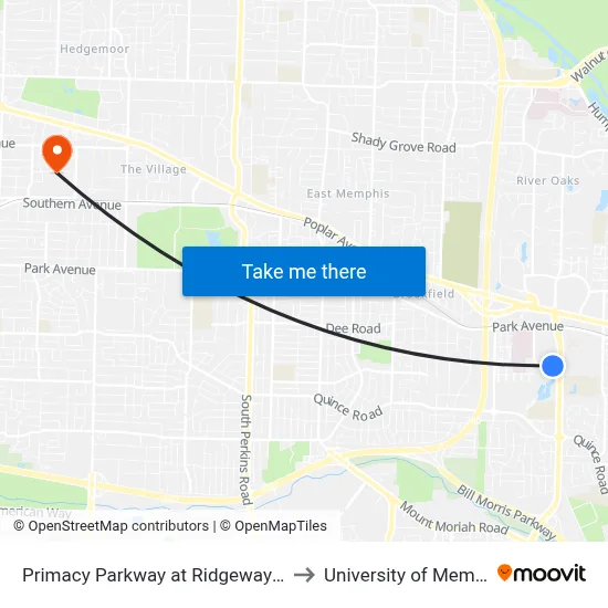 Primacy Parkway at Ridgeway Road to University of Memphis map