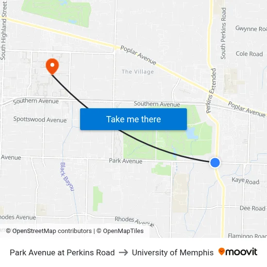 Park Avenue at Perkins Road to University of Memphis map