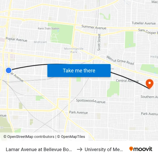 Lamar Avenue at Bellevue Boulevard to University of Memphis map