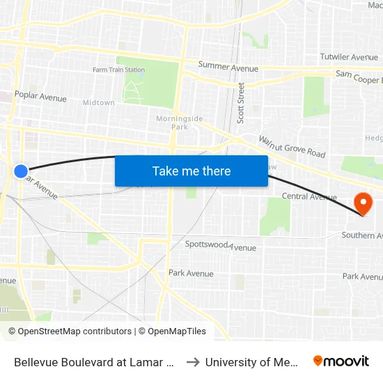 Bellevue Boulevard at Lamar Avenue to University of Memphis map