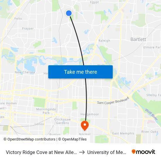 Victory Ridge Cove at New Allen Road to University of Memphis map