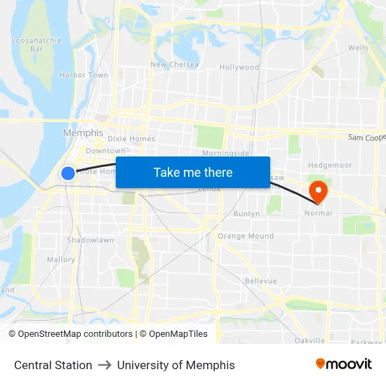 Central Station to University of Memphis map