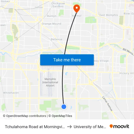 Tchulahoma Road at Morningview Drive to University of Memphis map