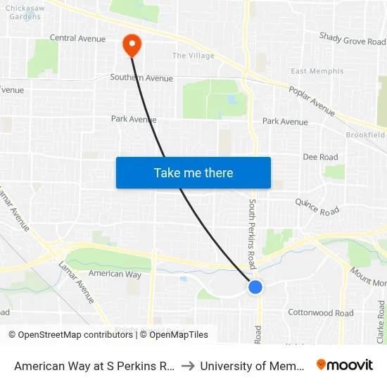 American Way at S Perkins Road to University of Memphis map